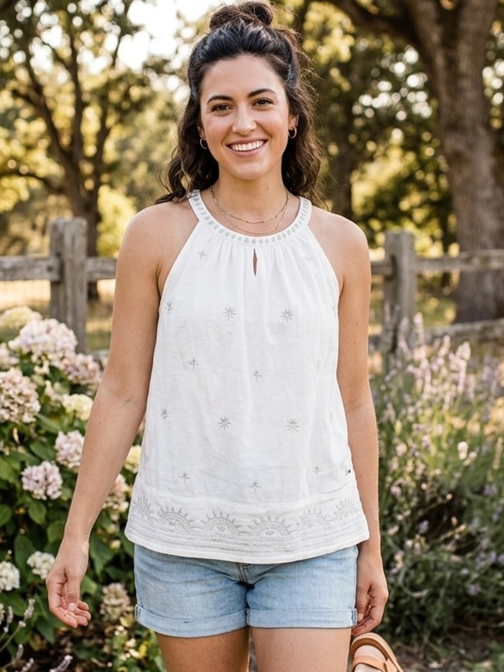 Eddie Bauer Cream Embroidered Tank